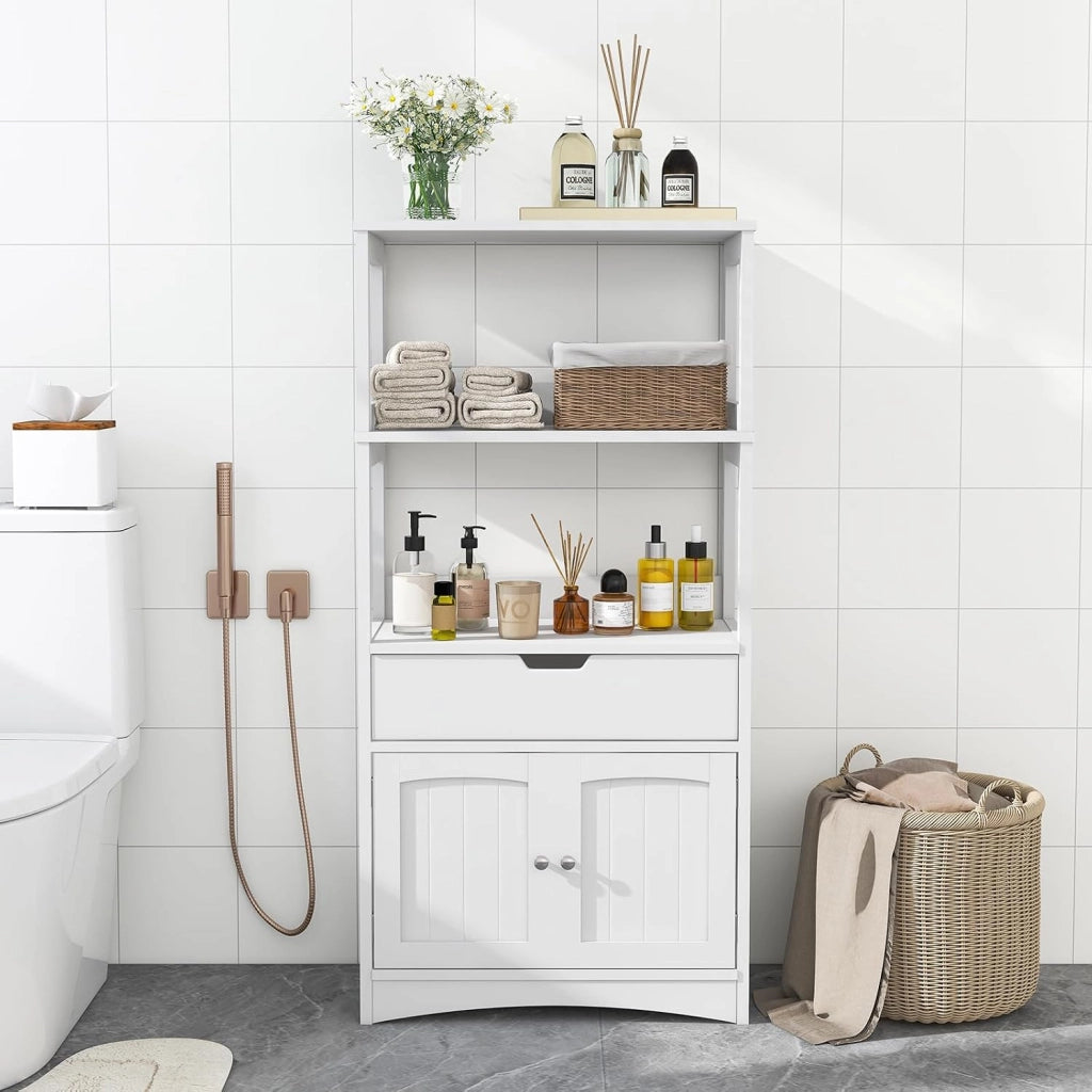 Mobile portaoggetti con ripiano a 3 livelli, armadio alto in legno, dispositivo antiribaltamento, cassetto e armadio a 2 ante, moderno, 60 x 32,5 x 122 cm (bianco)