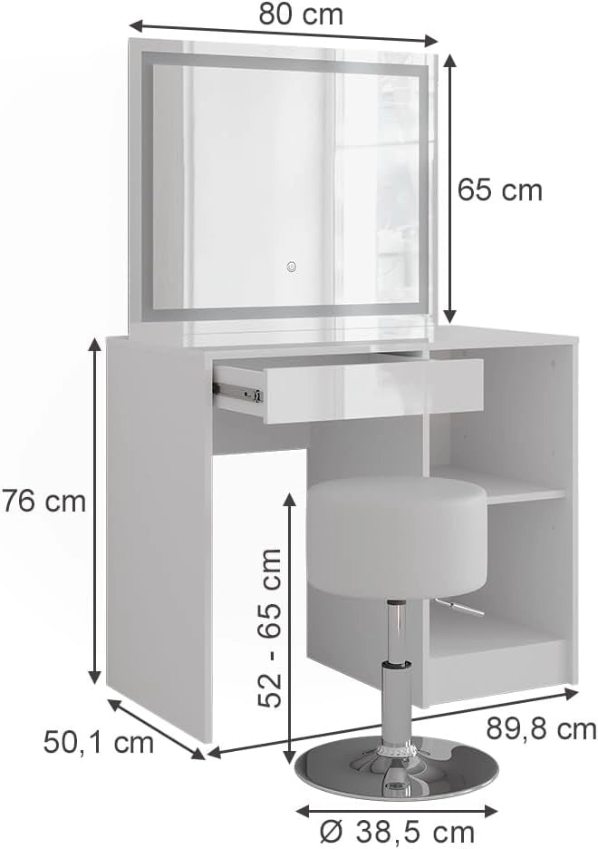 Tavolo da toeletta Sherry, Bianco/bianco lucido, 89.8 cm con specchio LED e sgabello, per l’uso quotidiano come postazione trucco e acconciatura