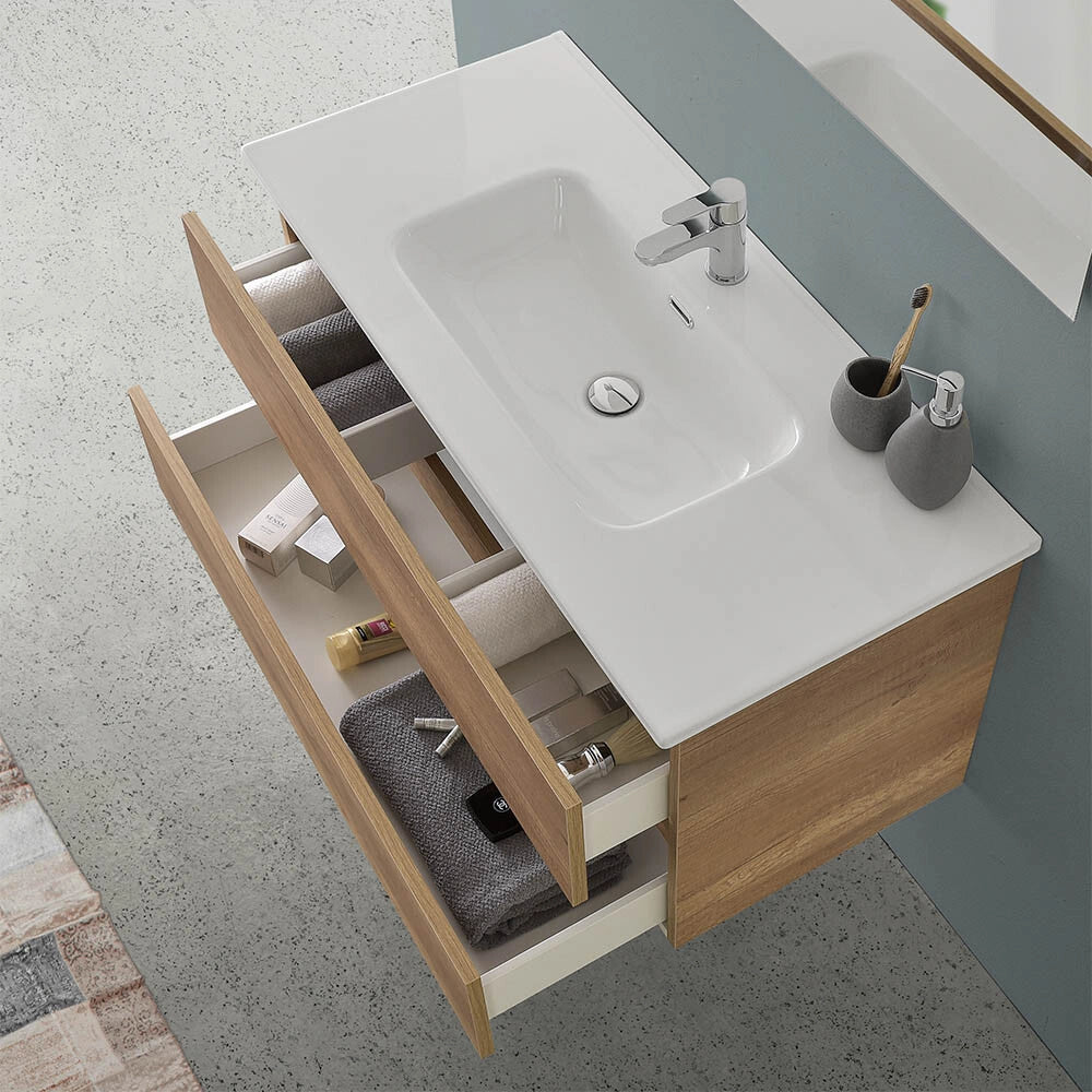 Mobile bagno sospeso 70 rovere naturale completo con lavabo Nadia