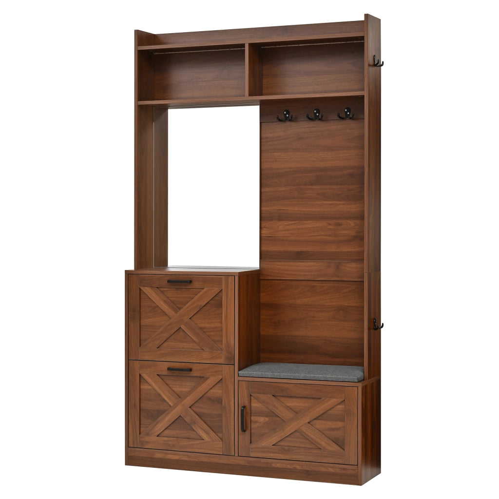 Mobili da ingresso con specchio; 2 vani ribaltabili per scarpe; LED regolabile via app; panca; noce; 100 × 25 × 180 cm