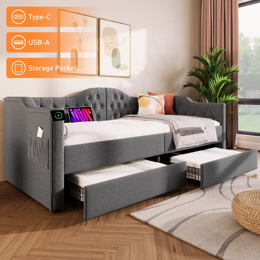 Letto da giorno imbottito in lino con 2 cassetti; USB e Type-C; 90x190 cm; grigio