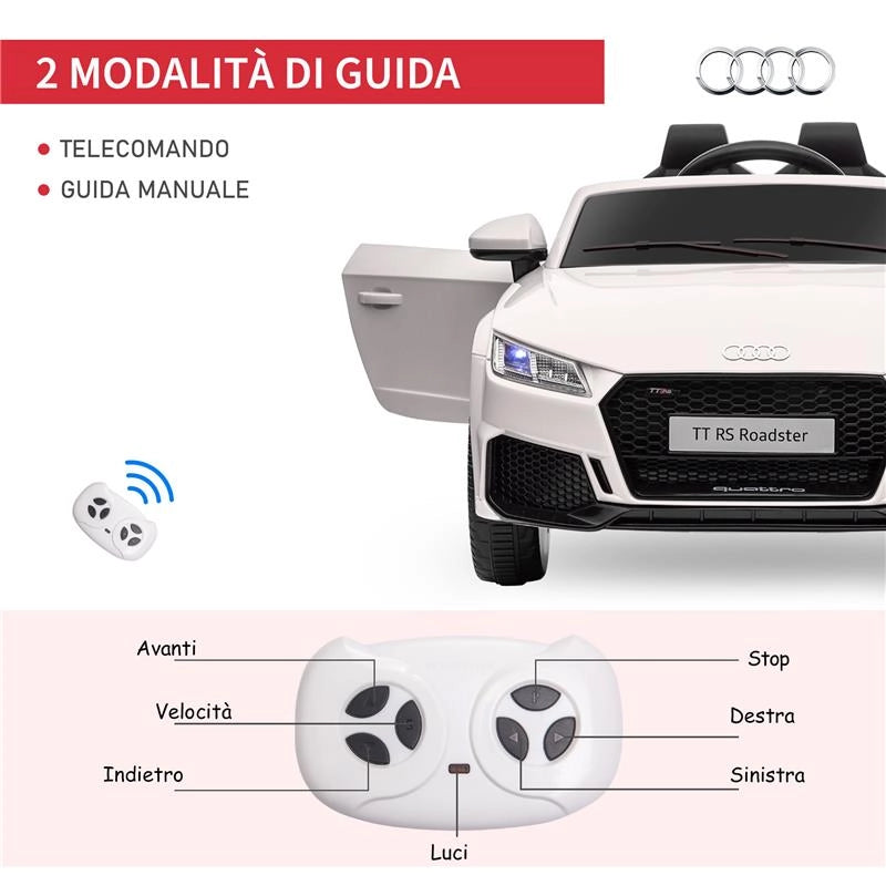 MACCHINA ELETTRICA PER BAMBINI 3-5 ANNI AUDI TT CON TELECOMANDO, PORTIERE APRIBILI E FARI LED, BIANCO
