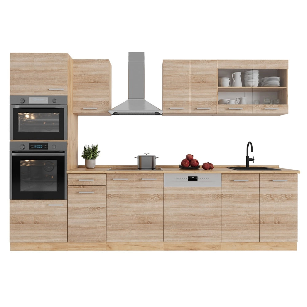 Cucina componibile R-Line Sonoma/Rovere dorato 300 cm con armadio alto, PL Marmo Vicco