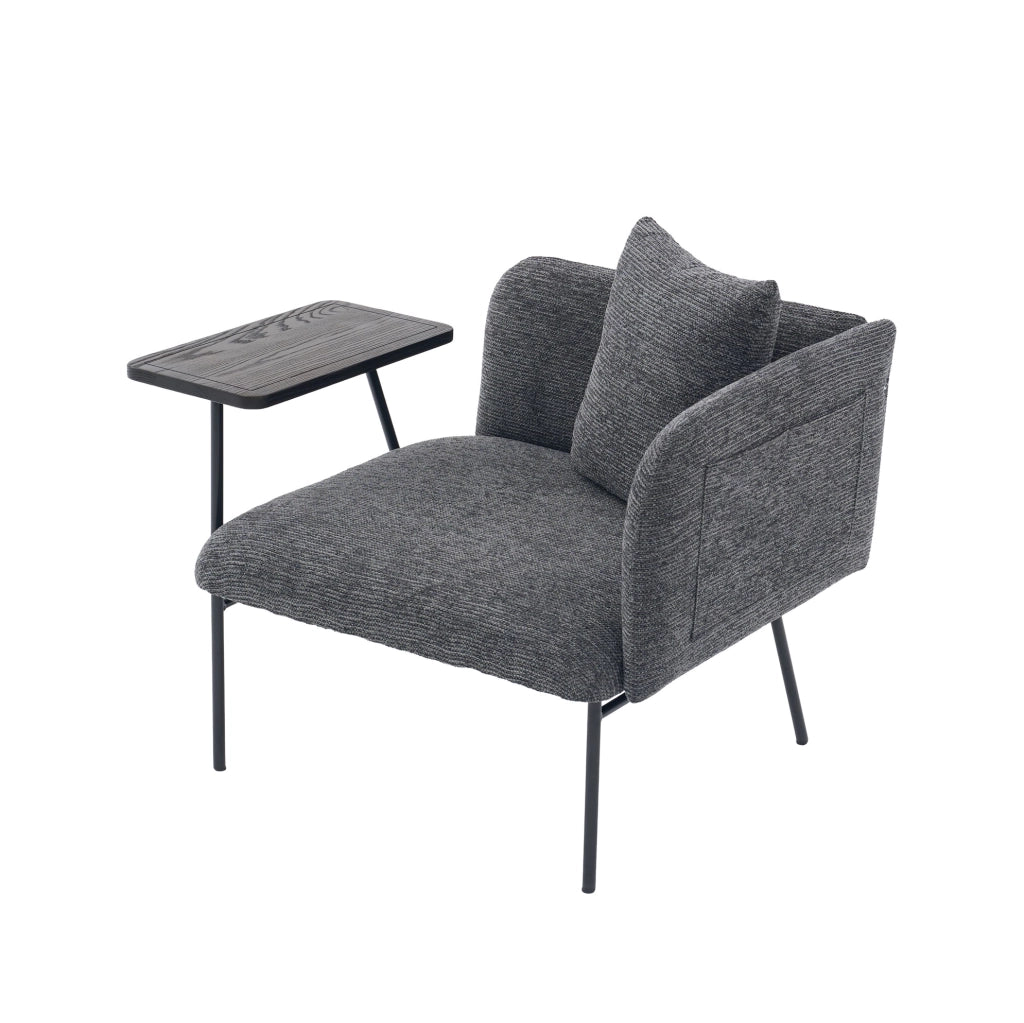 Poltrona grigio scuro 86x72x71 cm con tavolino e vani, chenille e metallo,