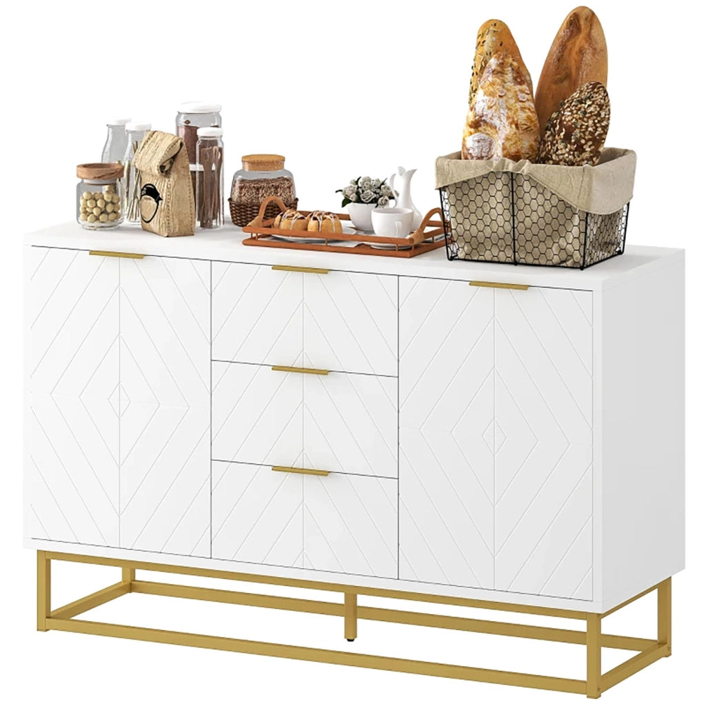 Mobile Credenza 3 Cassetti 2 Ante 120x40x76 cm in MDF e Metallo Bianco