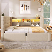 Letto matrimoniale 140x190 cm con LED; contenitore idraulico; testiera a L reversibile; beige