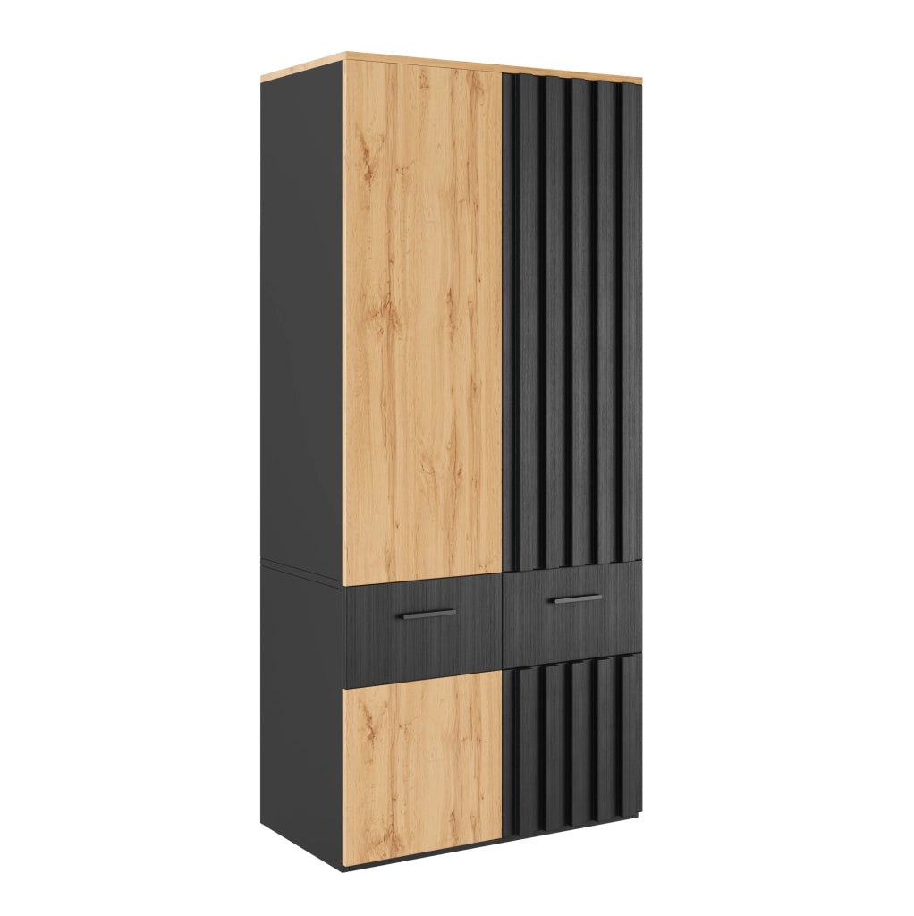 ARMADIO a ante battenti 90x50x200 cm Nero e Naturale con 2 cassetti
