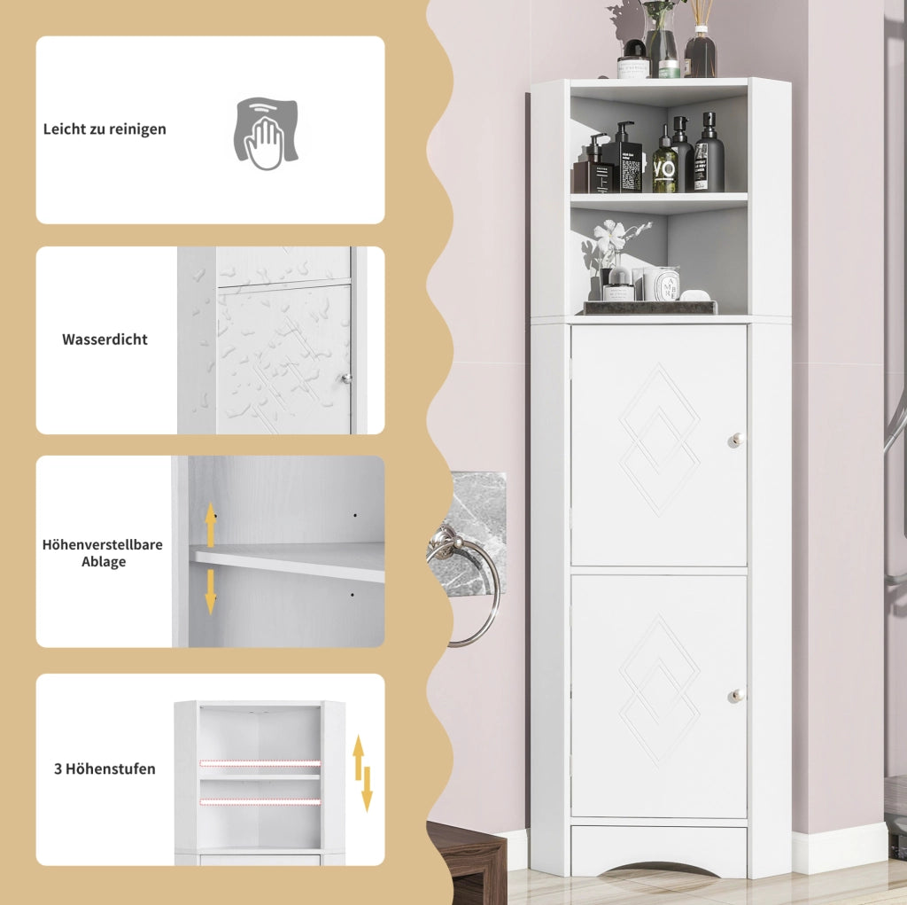 Mobile angolare da bagno triangolare con vani aperti e ripiano regolabile; bianco