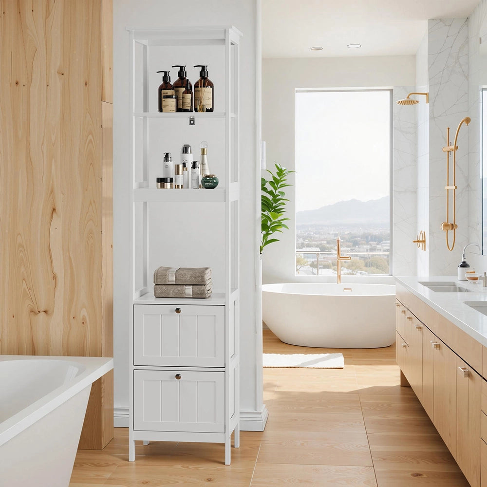 Armadio alto stretto 40x30x160 cm - Xylo - 2 cassetti, 3 ripiani, per bagno o lavanderia, bianco