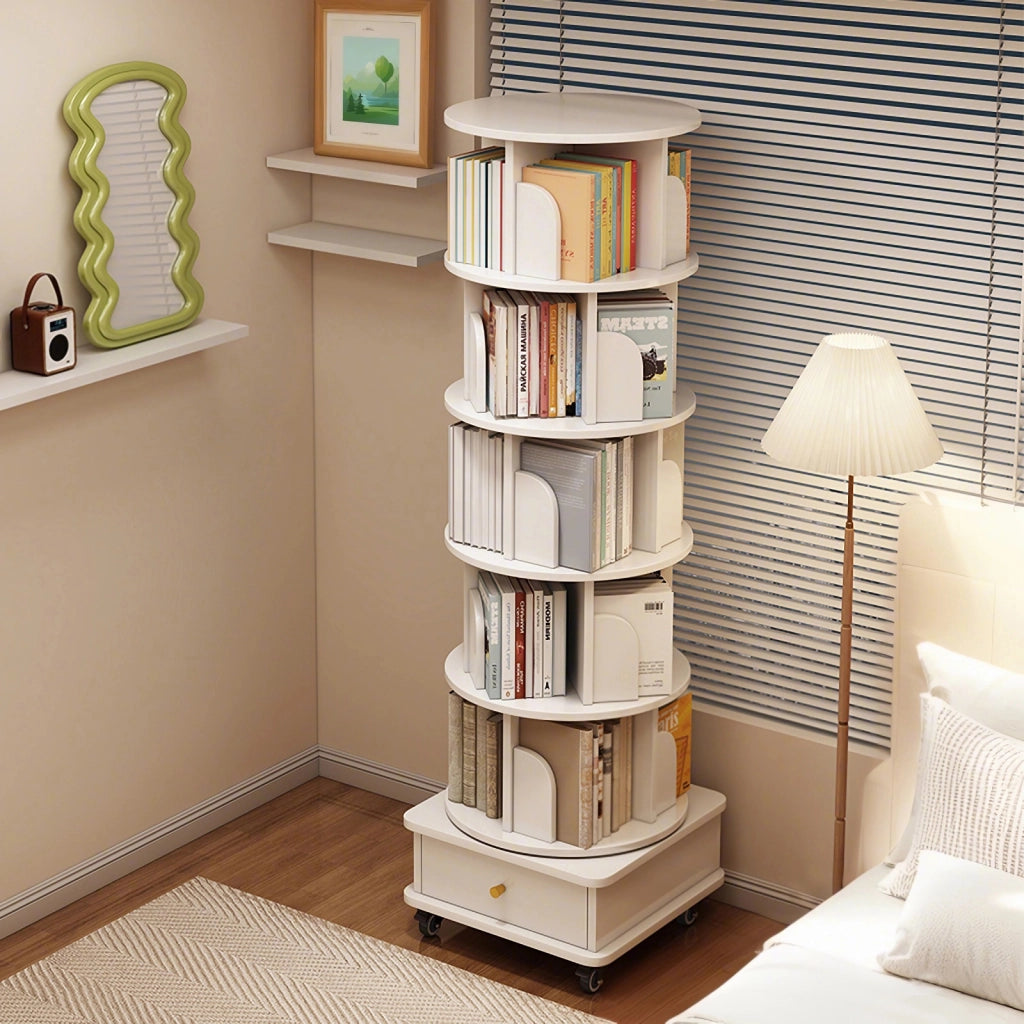 LIBRERIA Girevole 360° con cassetto e ruote Bianca in MDF