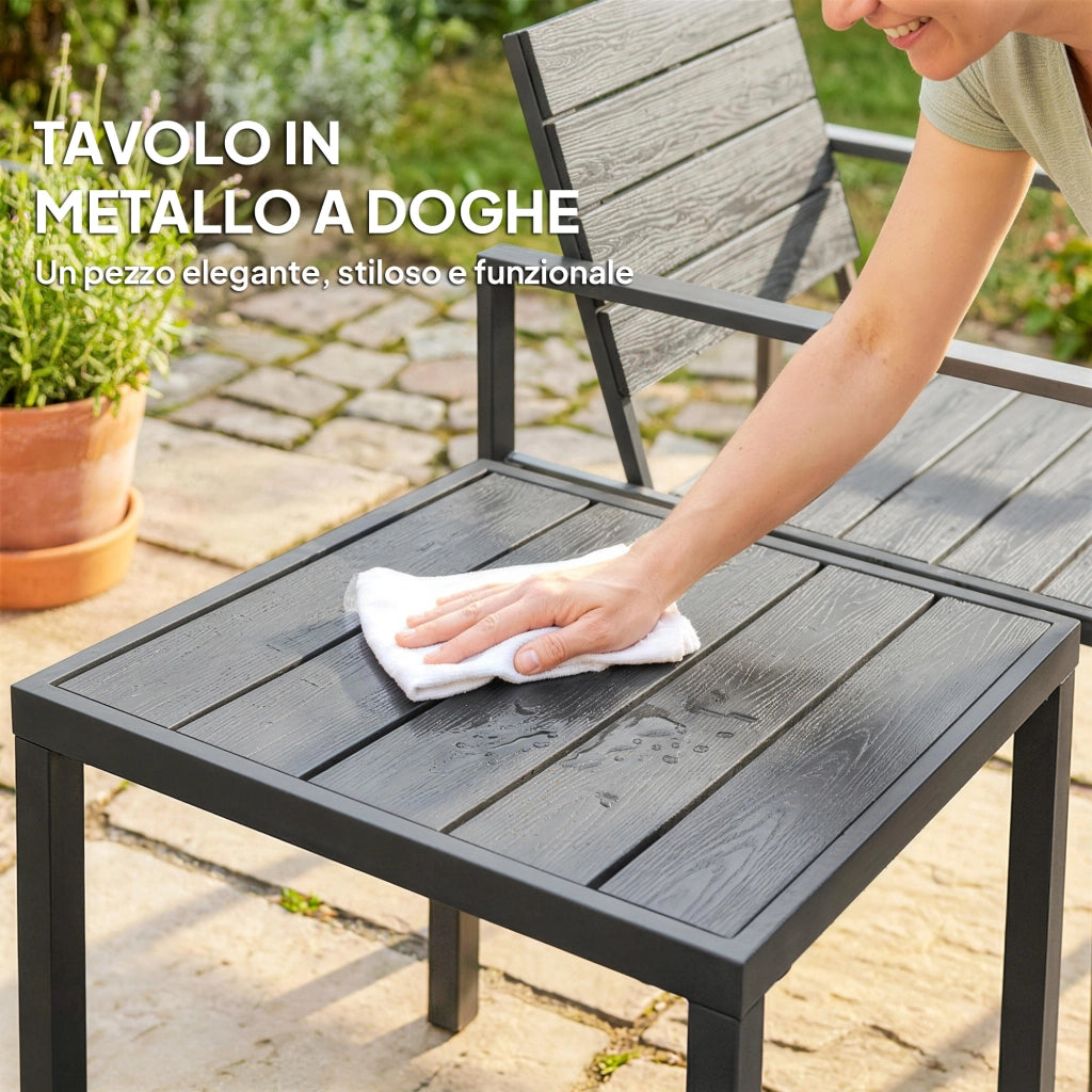 Set 3 Pezzi da Giardino con 2 Sedie da Esterno e Tavolino da Caffè in HDPE e Metallo Grigio Scuro