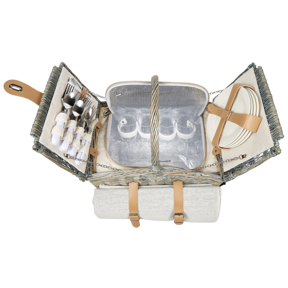 Cesto da picnic per 4 persone in vimini naturale e grigio con set di posate, piatti, bicchieri da vino e borsa termica con cavatappi Coperta inclusa Finitura
