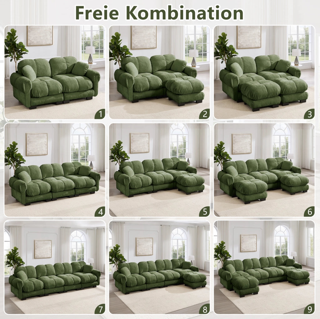 Divano angolare 3 posti 260x149 cm con pouf mobile in ciniglia; verde