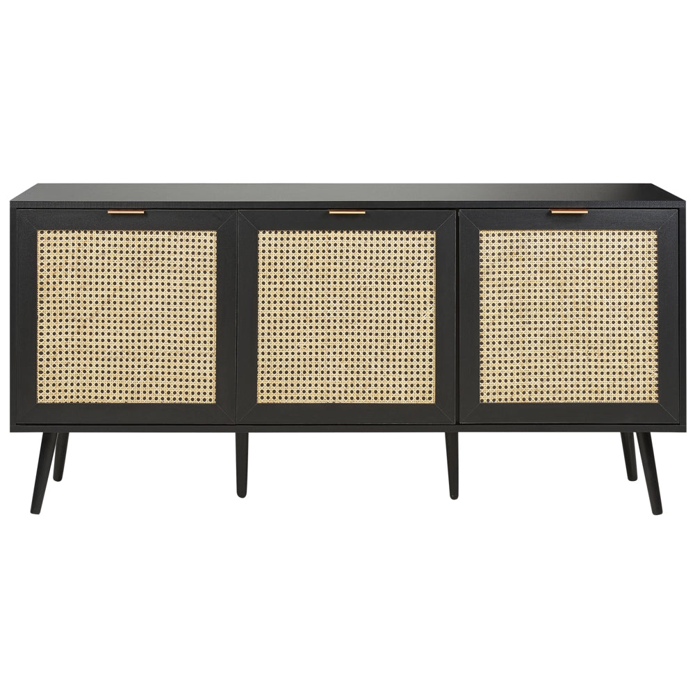 Credenza a 3 ante in legno di manifattura nero con frontale in rattan Gambe in legno di gomma nero Soggiorno in stile Boho