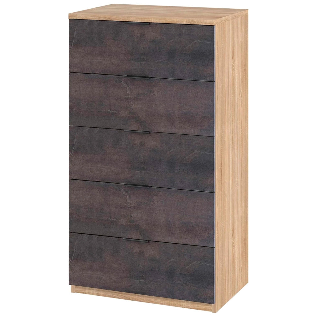 Comò Alto 5 Cassetti Sinfonier Camera Da Letto Stile Industriale Rovere Ossido Mobile Salvaspazio Cassettiera Moderna Con Guide Metalliche 110x60x40 Cm