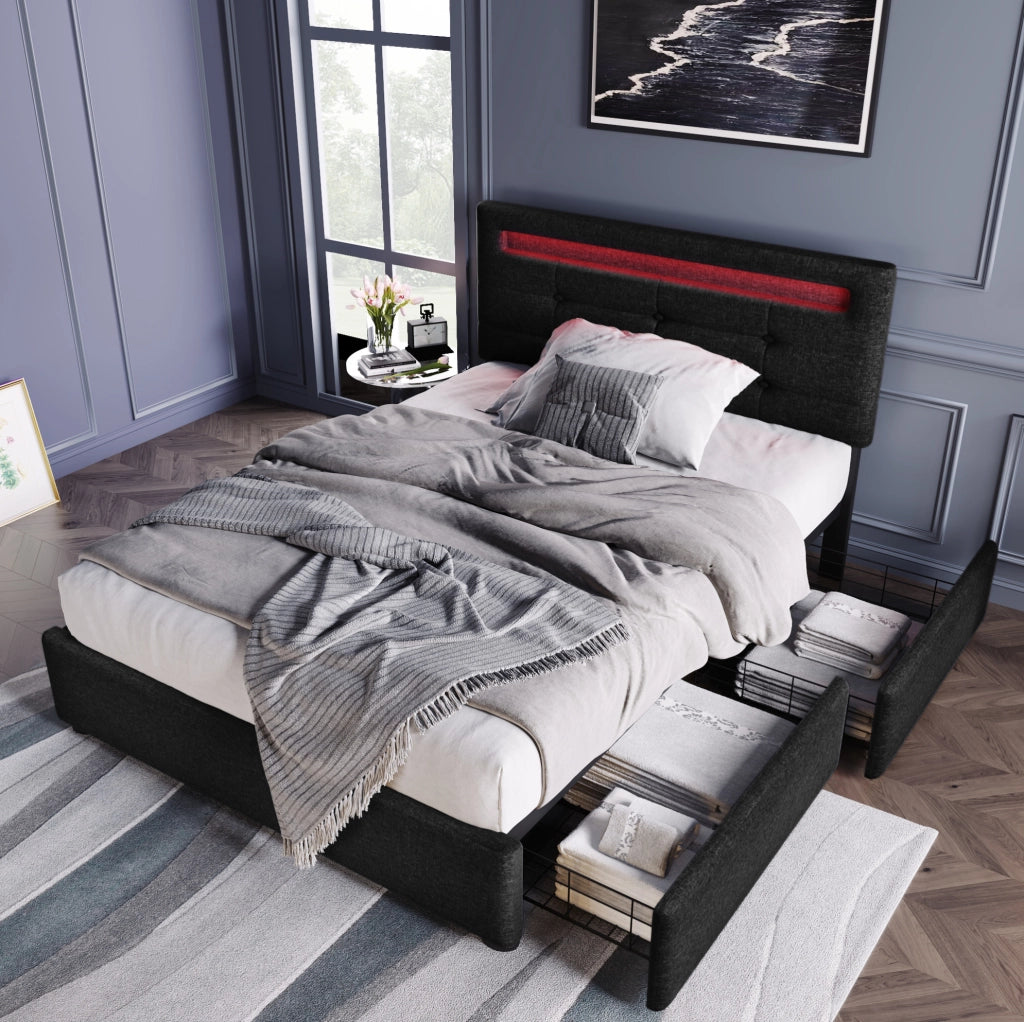 Letto singolo 90x200 cm con LED e 2 cassetti; tessuto in lino