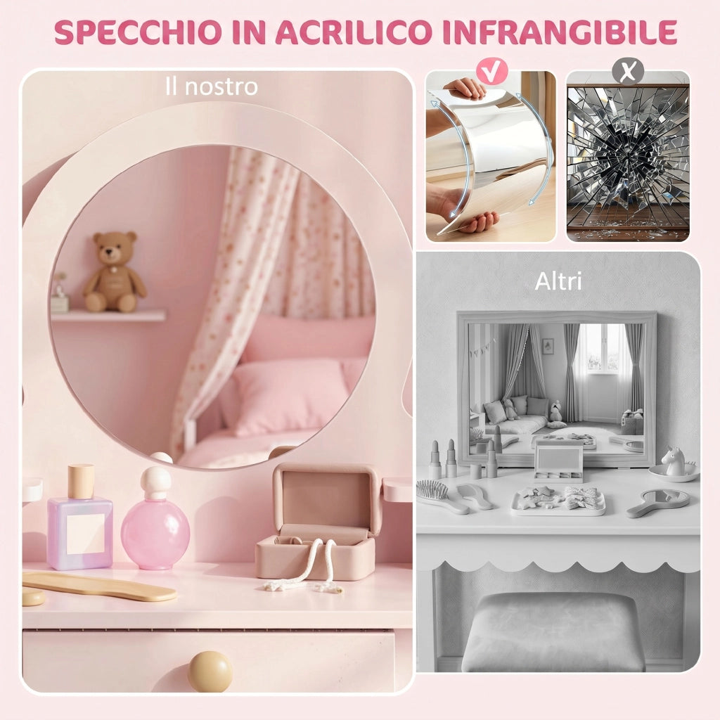Set Toeletta Trucco Bambina con Sgabello, Specchio e Cassetto in Legno, Et¨¤ 3-6 Anni, Rosa