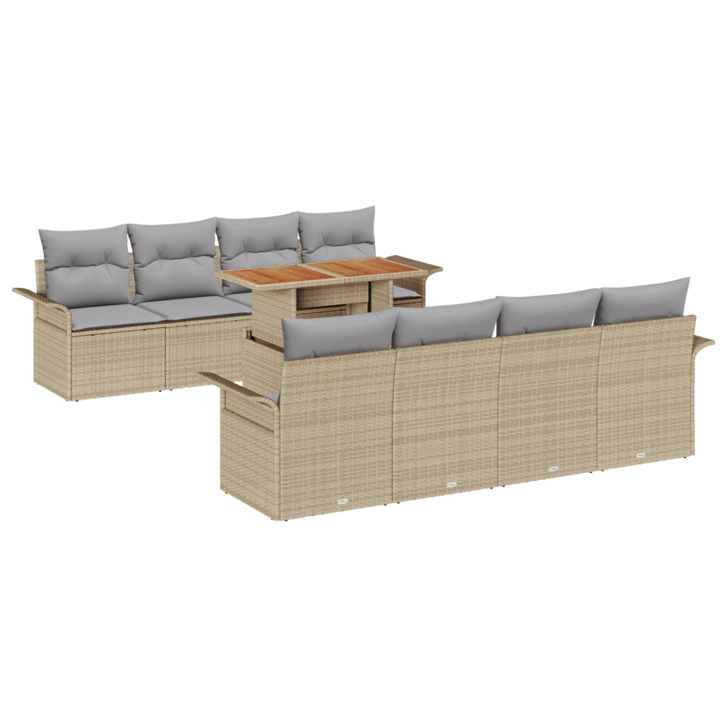 Set divani giardino 9 pezzi con cuscini beige rattan polimerico acacia