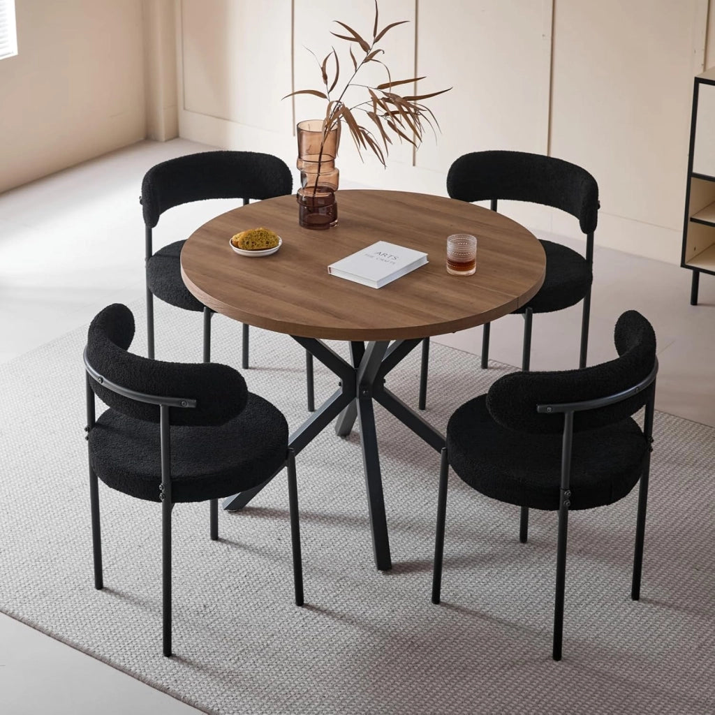 GrandCA HOME Set Tavolo e Sedie, Tavolo Rotondo da 100 cm + 4 Sedie Imbottite, Adatto per 4-6 Persone, (Marrone Chiaro e Grigio Chiaro)