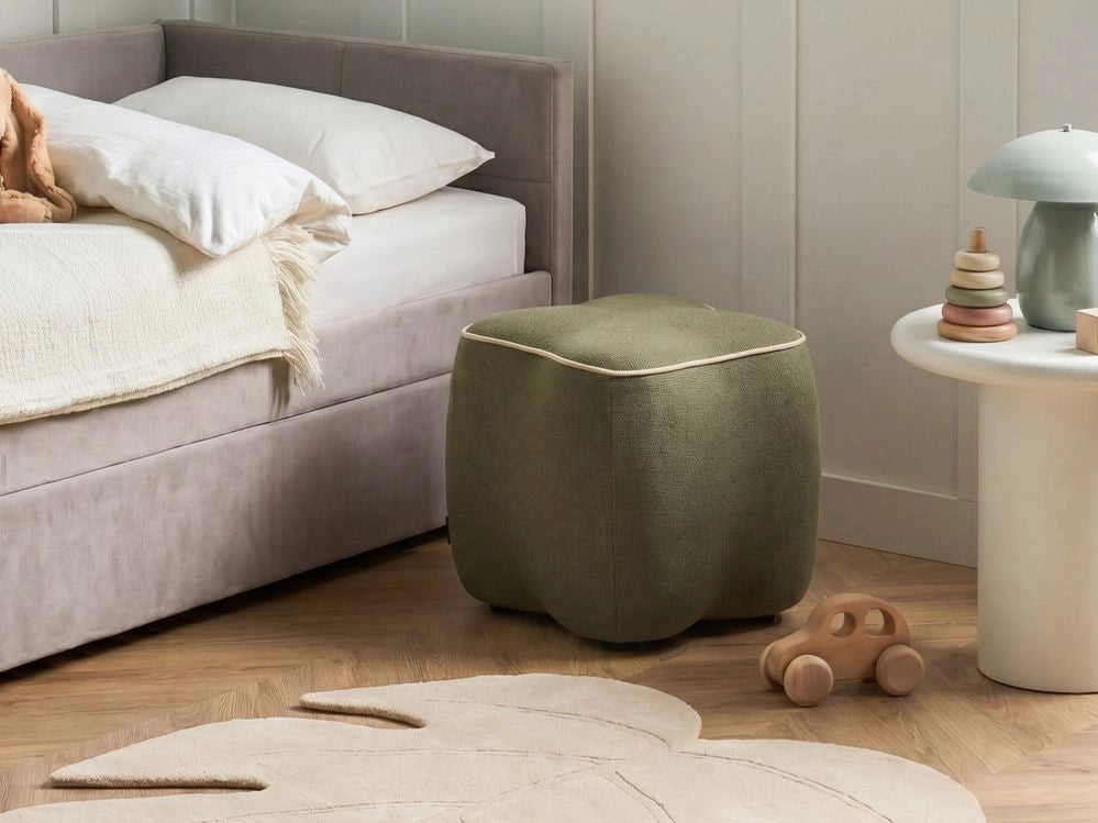 Pouf in tessuto verde, 35 x 35, poggiapiedi, elemento decorativo per soggiorno e camera da letto