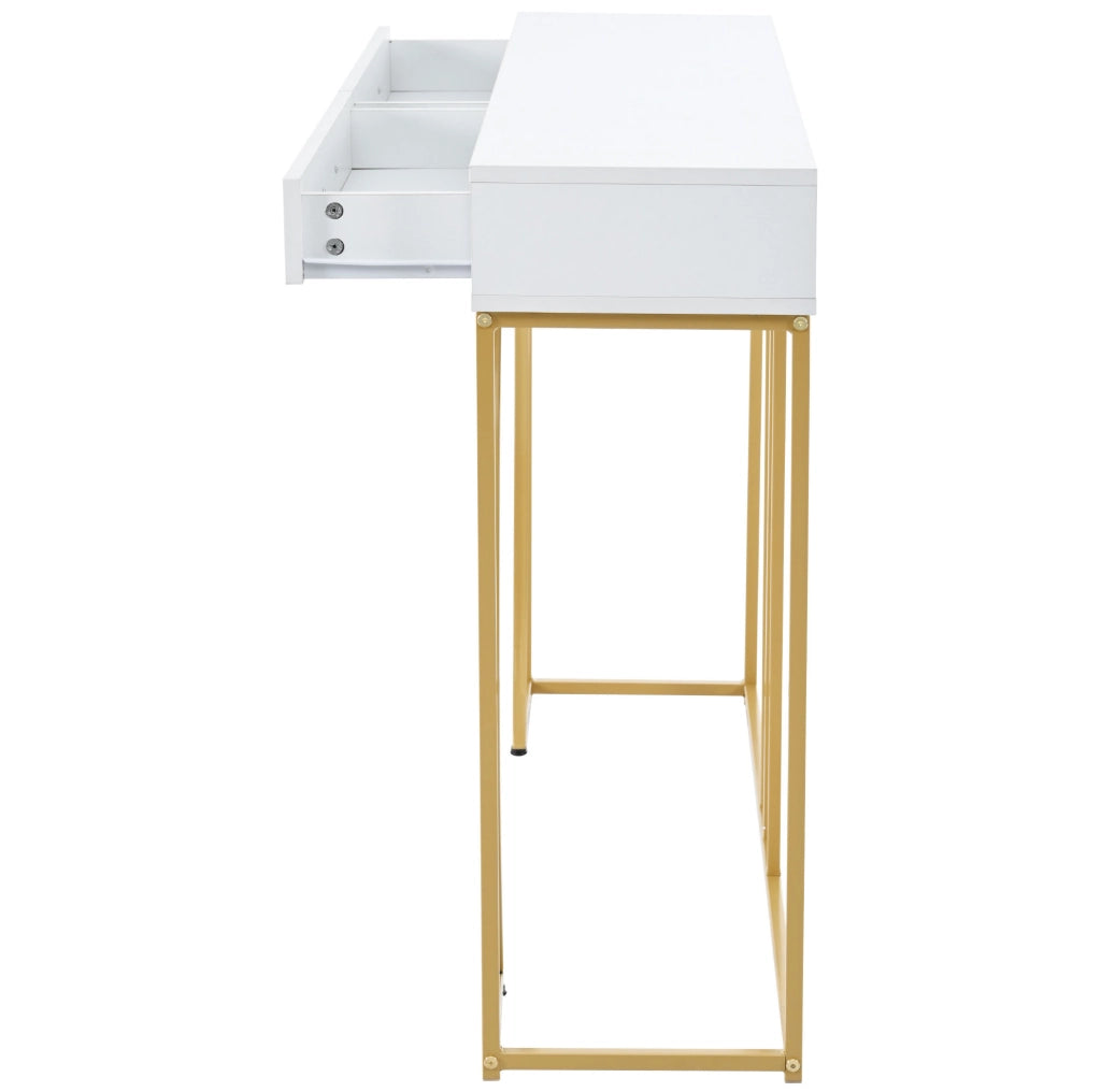 Consolle 110x32x85 cm con cassetto e gambe regolabili in MDF e metallo bianco