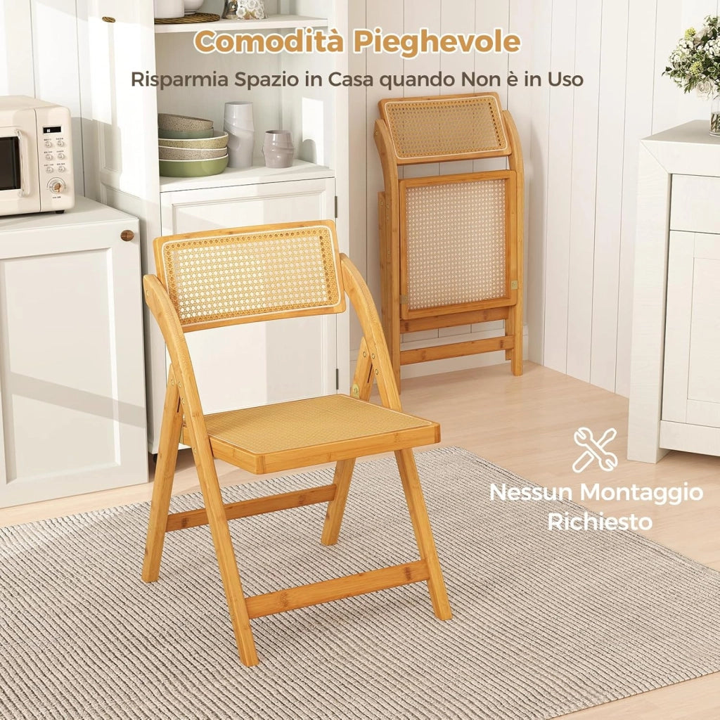 Set di 2 Sedie Pieghevoli in Rattan, Sedie da Sala Pranzo in Bambù con Schienale Rotolante, Sedie Stile Boho Senza Necessità di Montaggio, Capacità di 150 kg, per Cucina e Soggiorno, Naturale