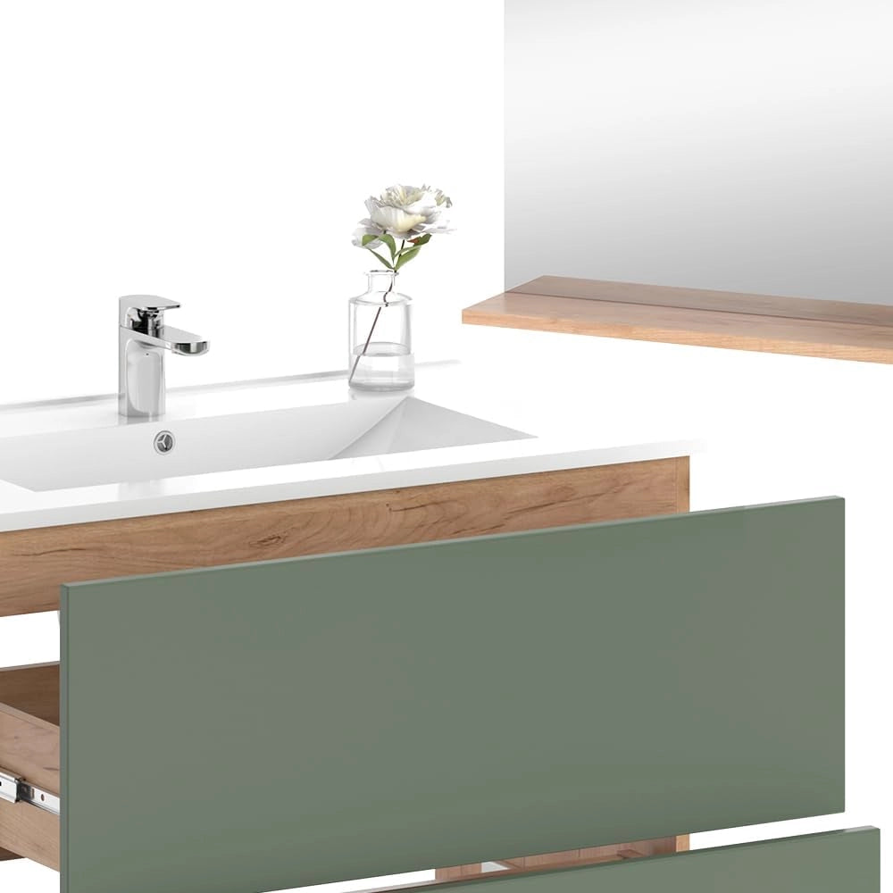 Set di mobili da bagno Izan, Goldkraft rovere/verde, 3 parti con specchio