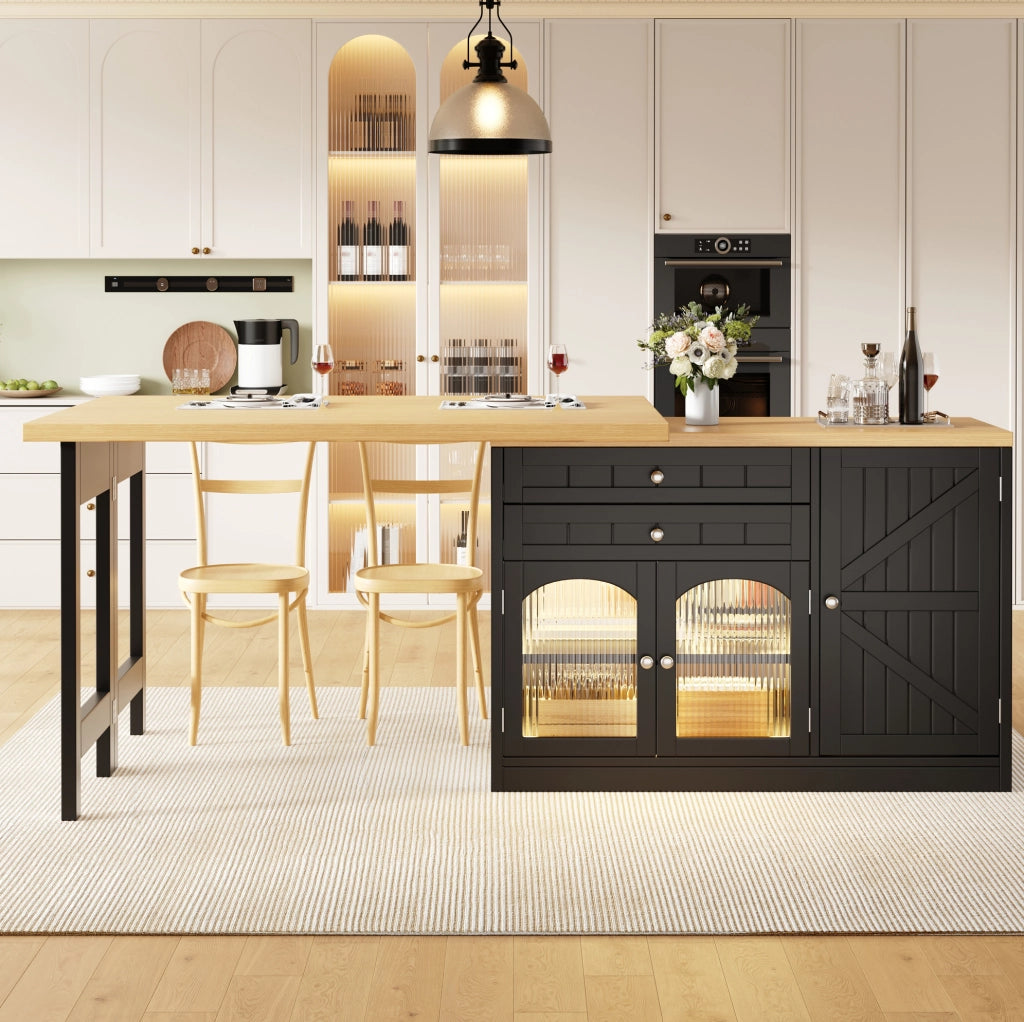 Mobile cucina estensibile 120x40x73.5 cm girevole a 360°; con cassetti; MDF e metallo nero