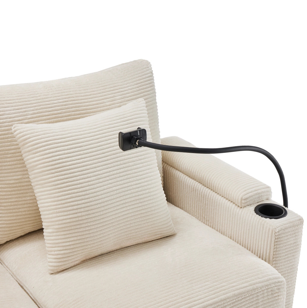 Divano angolare 3-4 posti con pouf mobile; USB e ripiani; 213;5x139x87 cm; velluto a coste beige