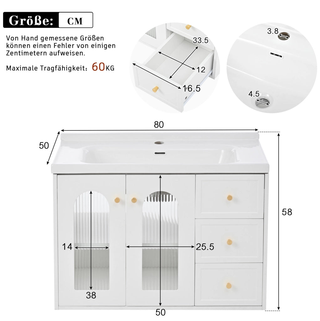 Mobile bagno sospeso 80 cm con lavabo in ceramica; 2 cassetti e ante in vetro; bianco