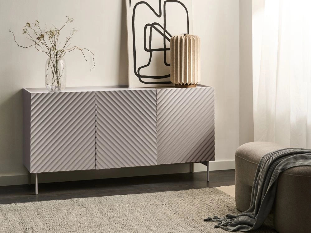 Credenza a 3 ante MDF beige chiaro con gambe in metallo Design moderno Camera da letto Soggiorno
