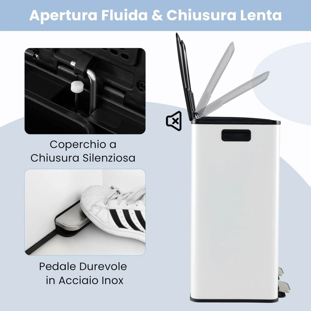 2x30 L Pattumiera Differenziata, Bidoni Differenziata in Acciaio Inox a 2 Scomparti, Anti-Impronte, Secchio Spazzatura con Coperchi a Chiusura Morbida, per Casa Ufficio (Bianco)