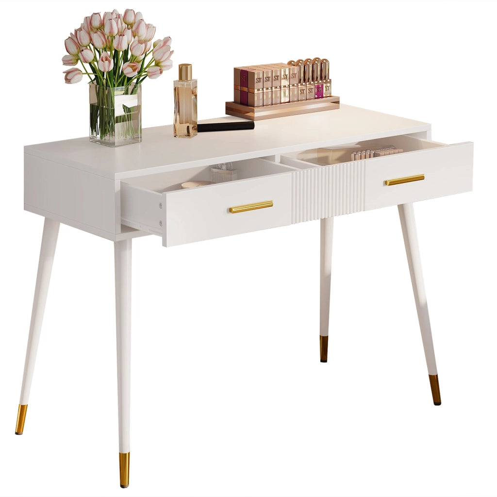 Tavolo toeletta multifunzione bianco con 2 cassetti, gambe in metallo, 100 x 40 x 76 cm
