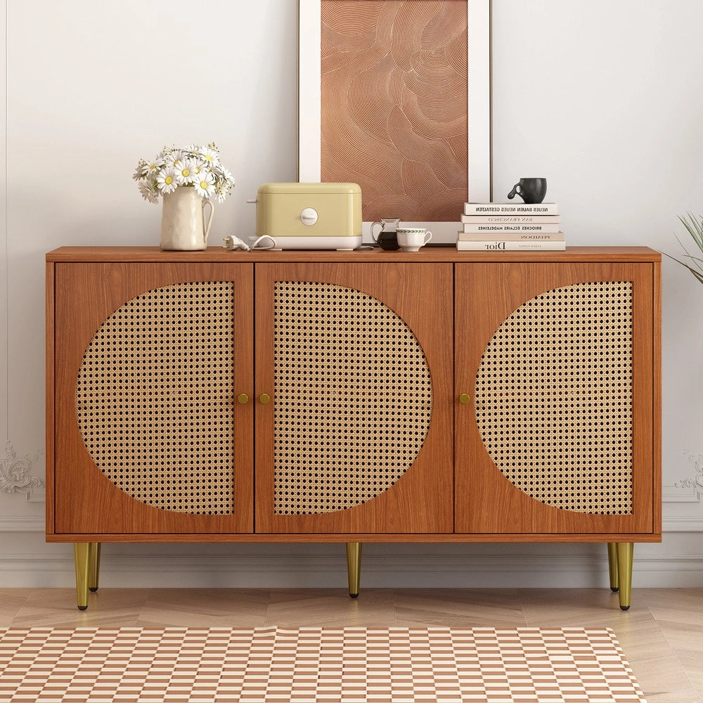 Credenza 3 Ante con Rattan e Maniglie in Metallo ¨C MINIMAL ¨C Noce 129.8x40x76
