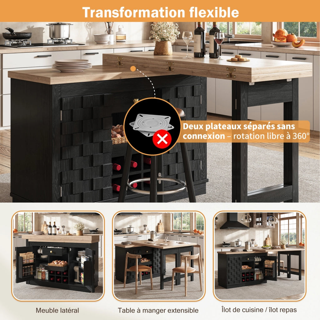 Credenza da cucina girevole a 360° con 2 piani; ante patchwork; 1 cassetto; portabottiglie estraibile; per cucina; MDF nero; 120 × 40 × 74.2 cm