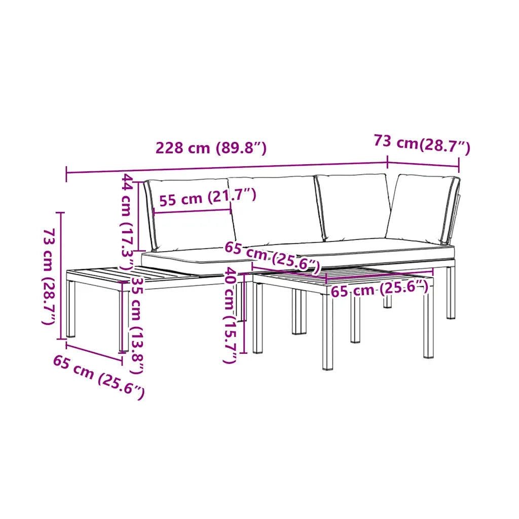 Set Divani da Giardino 3 pz con Cuscini in Alluminio Nero
