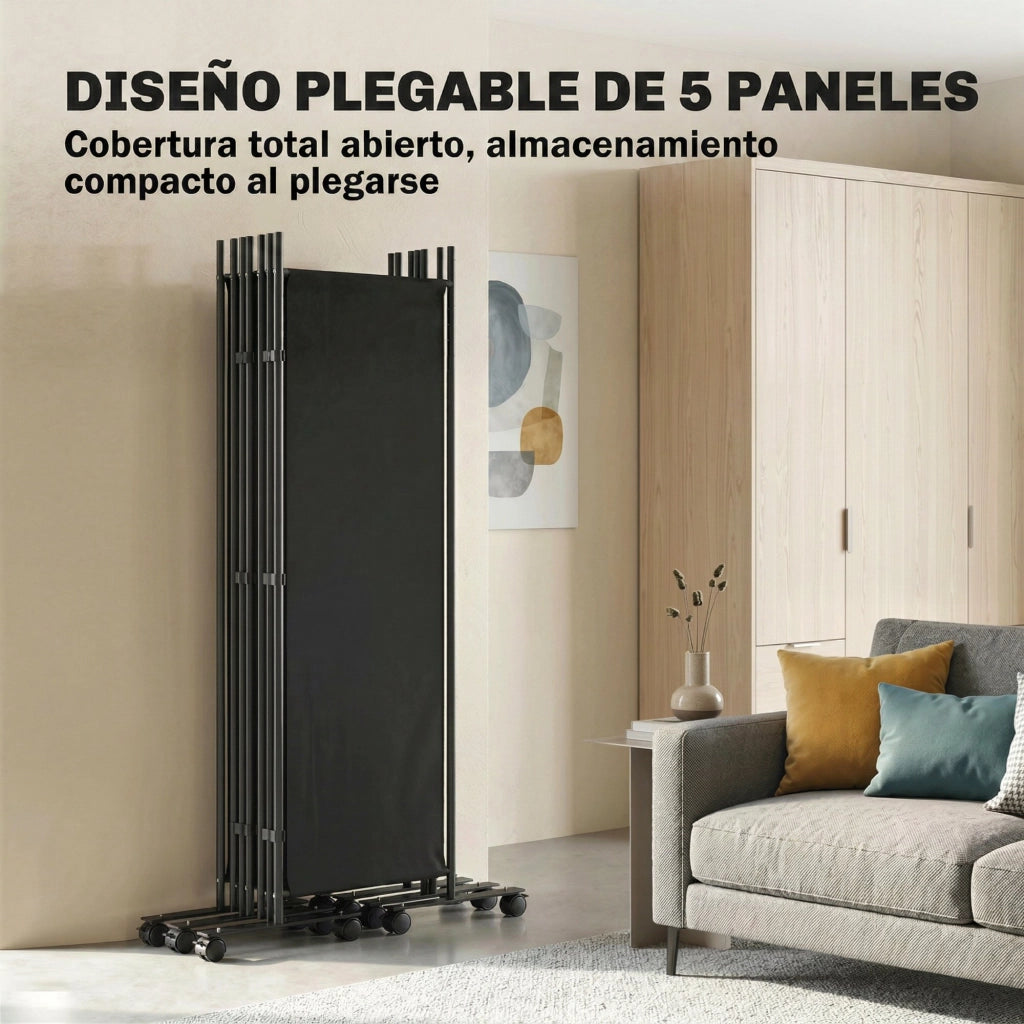 Biombo Separatore 5 Pannelli 12 Ruote ¨C zephmum ¨C Nero 252x170 cm