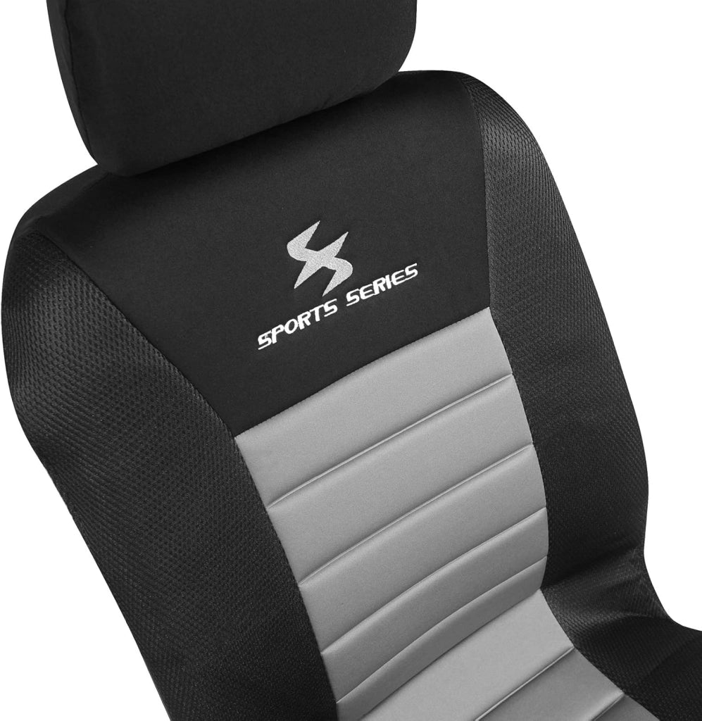Set Coprisedili Anteriori Auto 2 Posti Seat Cover Protezioni Universali per Macchina Tessuto Poliestere Nero/Grigio