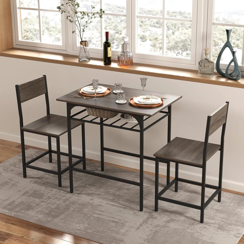 Set da pranzo 3 pezzi, tavolo da pranzo con ripiano per bottiglie e 2 sedie con schienale, design compatto, stile industriale, tavolo da colazione per 2 persone (grigio)