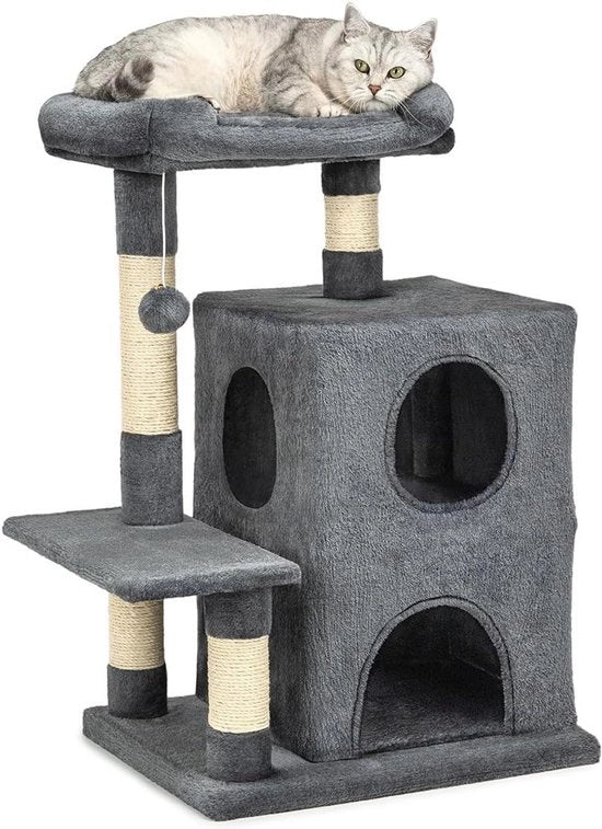 Cat Tower con 2 Rifugi e Posto di Riposo Comodo - Altezza 80 cm, Incluso Topolino di Piuma e Campanello - Sisaltouw e Piuma - Adatto per Gatti Piccoli e Grandi - Colore Grigio Scuro