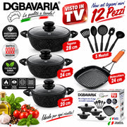 Set Batteria 12 Pz Nera Con 3 Tegami 20/24/28 con coperchi + Bistecchiera 24cm e 5 mestoli