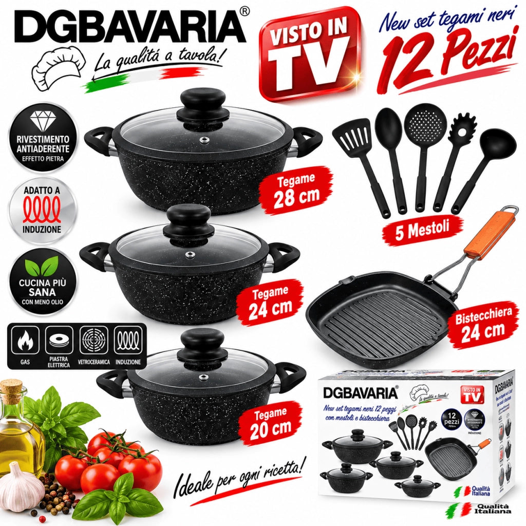 Set Batteria 12 Pz Nera Con 3 Tegami 20/24/28 con coperchi + Bistecchiera 24cm e 5 mestoli