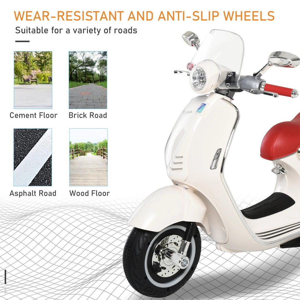 EasyComfort Moto Elettrica per Bambini con Licenza Ufficiale Vespa, 2 Rotelle, Luci e Suoni, 108x49x75 cm, Bianca