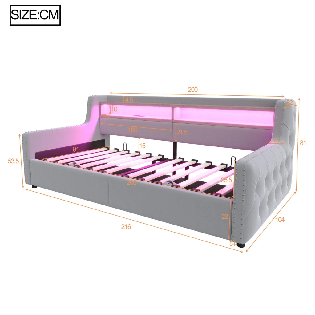 Divano letto imbottito 90x200 cm grigio chiaro con vano contenitore, LED e ricarica USB-C