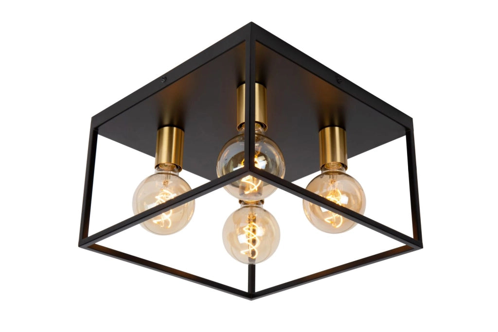 Plafoniera vintage nera oro quadrata 4xE27 Lucide Ruben