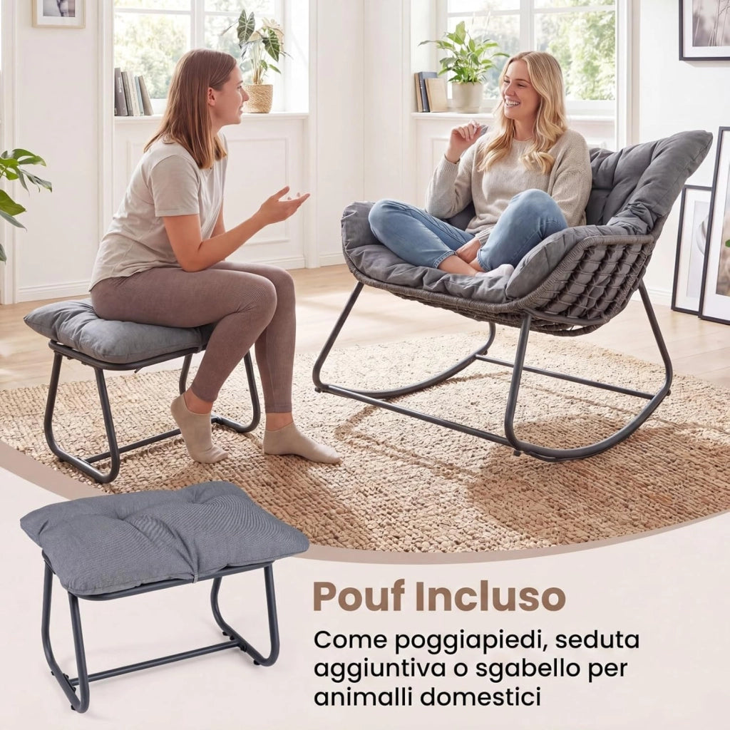 Sedia a Dondolo da Interno ed Esterno, Poltrona a Dondolo con Poggiapiedi e Cuscini Rimovibili, Poltrona Relax in Rattan con Telaio in Metallo per Soggiorno e Giardino, Portata 150 kg (Grigio)