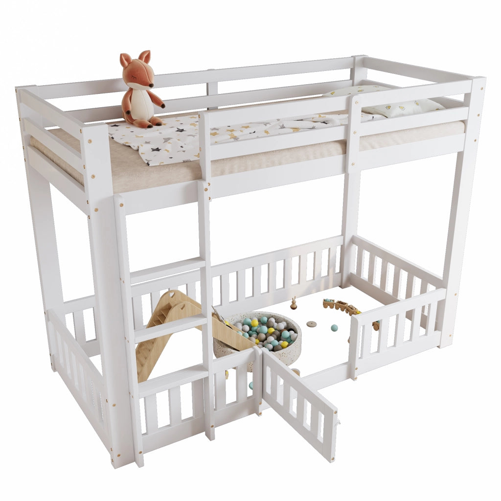 LETTO A CASTELLO 90x200 cm Bianco in legno massello con scala dritta e porta