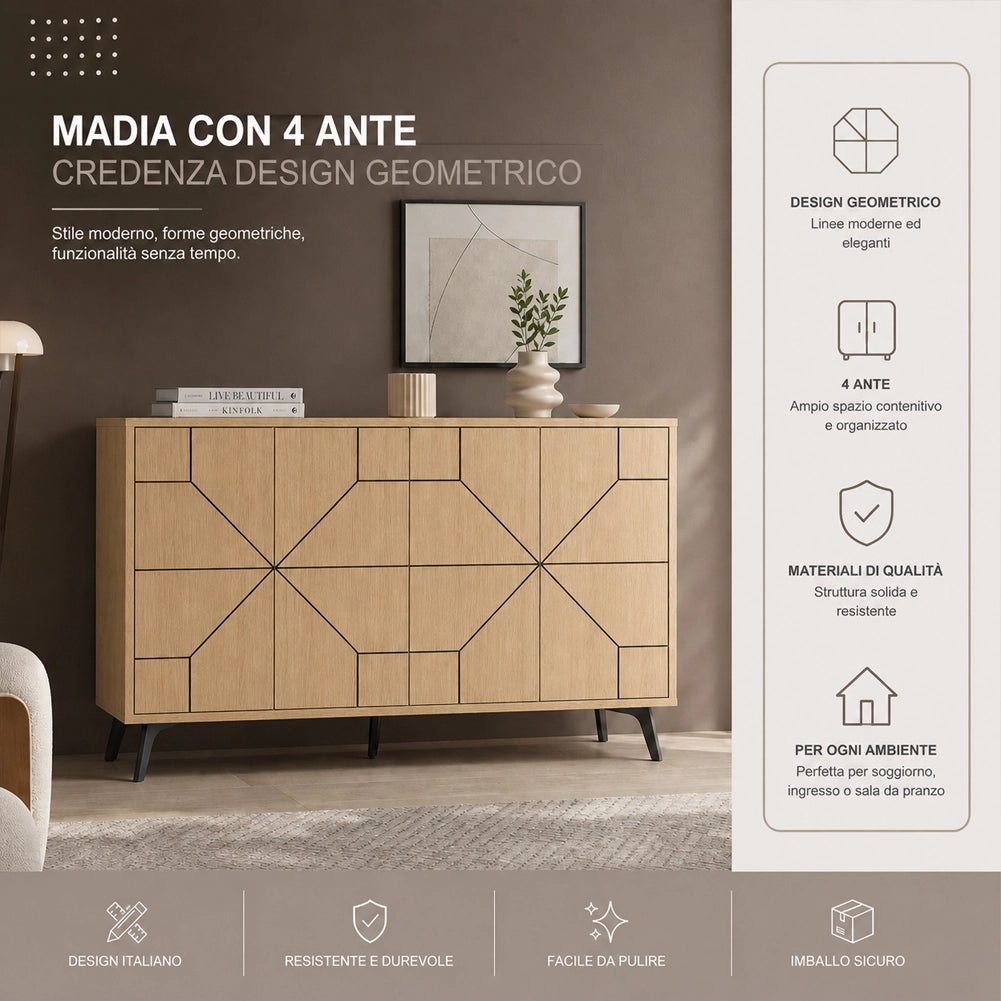 Madia con 4 Ante Credenza Design Geometrico Moderno in Legno 123x77 cm Quercia