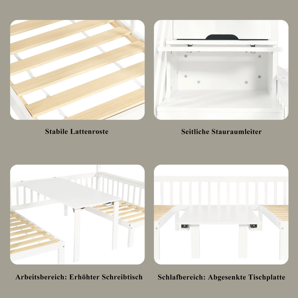 Letto a Castello 90x200 cm e 120x200 cm; con Tavolo Regolabile; Scala Contenitore e Sponda; Bianco