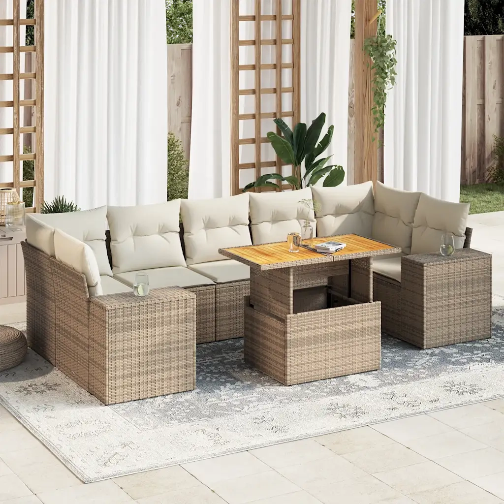 Set Divano da Giardino 8 pz con Cuscini Beige in Polyrattan